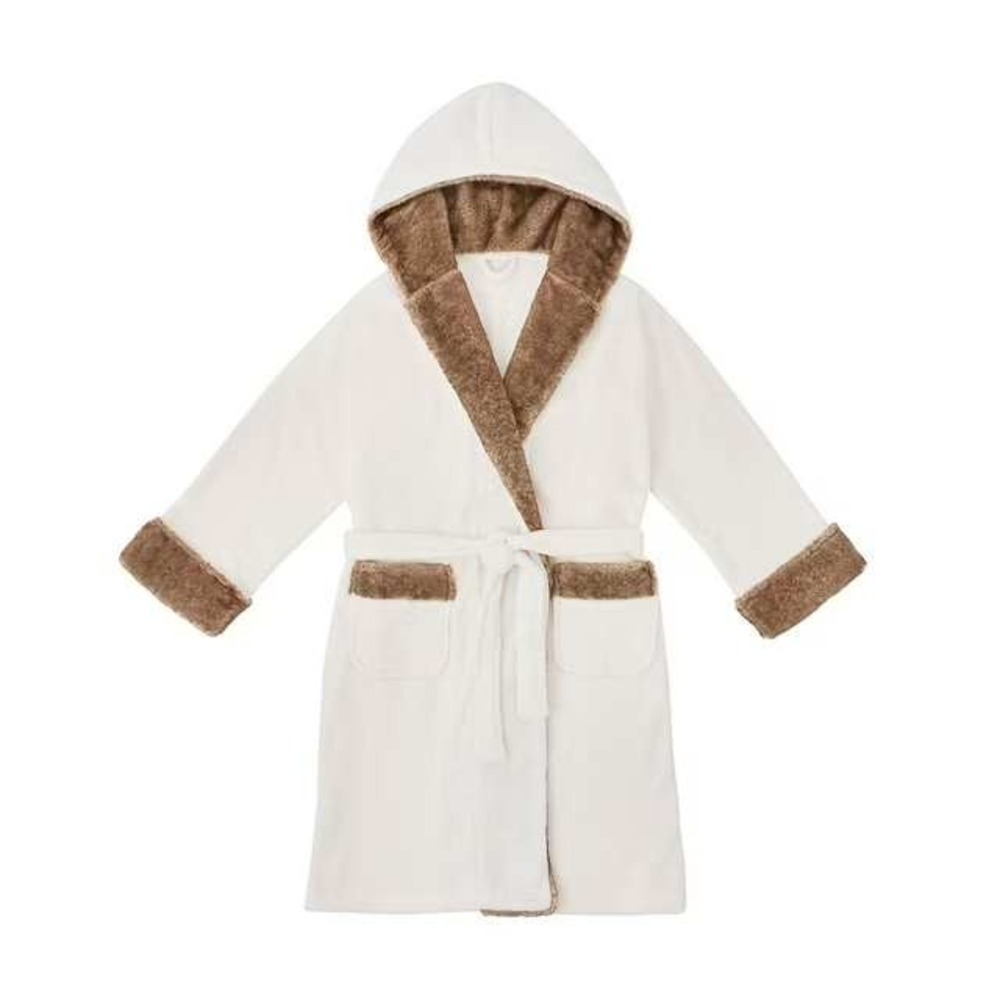 NWT Member's Mark Luxury Plush Robe Ivory Brown Faux Fur Trim Hooded L/XL - Picture 2 of 6